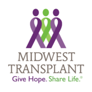 Midwest Transplant Network logo, purple and green letters with purple and green ribbons