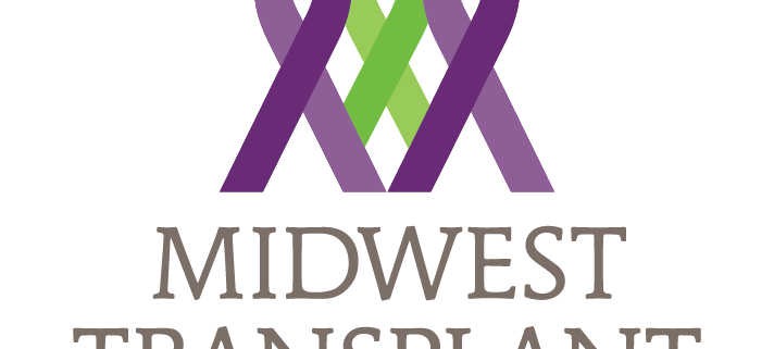 Midwest Transplant Network logo, purple and green letters with purple and green ribbons