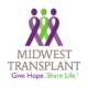 Midwest Transplant Network logo, purple and green letters with purple and green ribbons